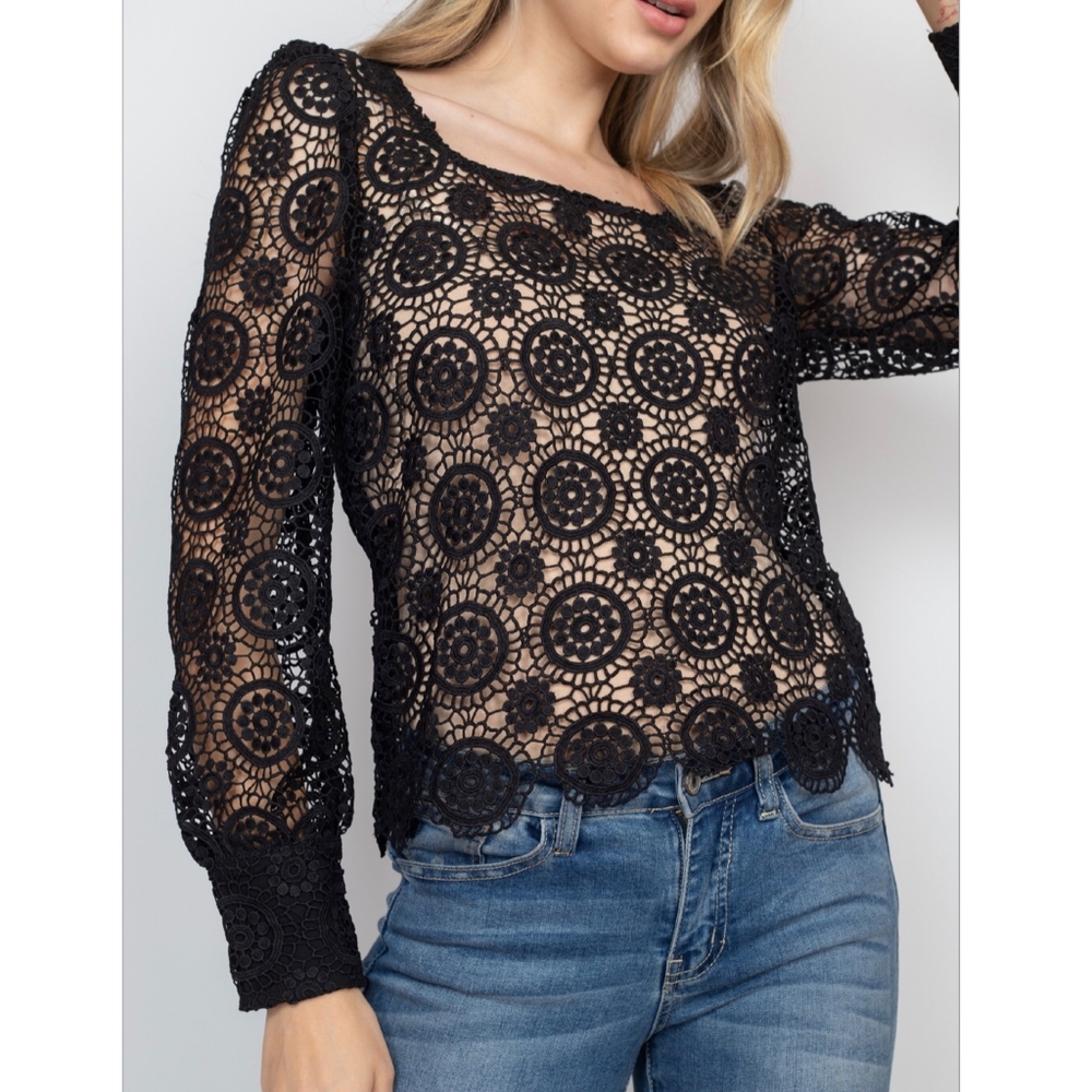 CALISTA Black Embroidered Crochet Long Sleeves Top - Picture 6 of 9